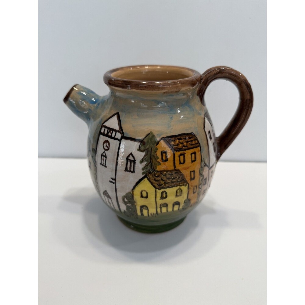 Vintage Italian Hand Painted Pottery Pitcher Jug 7" Roma Village Scene Signed
